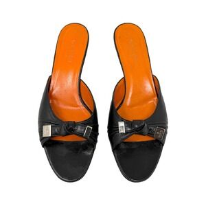 Vintage Gucci Y2K Black Leather Mules Kitten Heel Logo Slides 7.5
